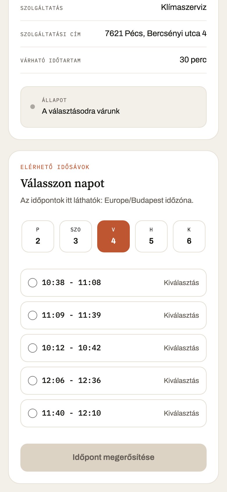 Időpontfoglalás az ügyfél oldaláról