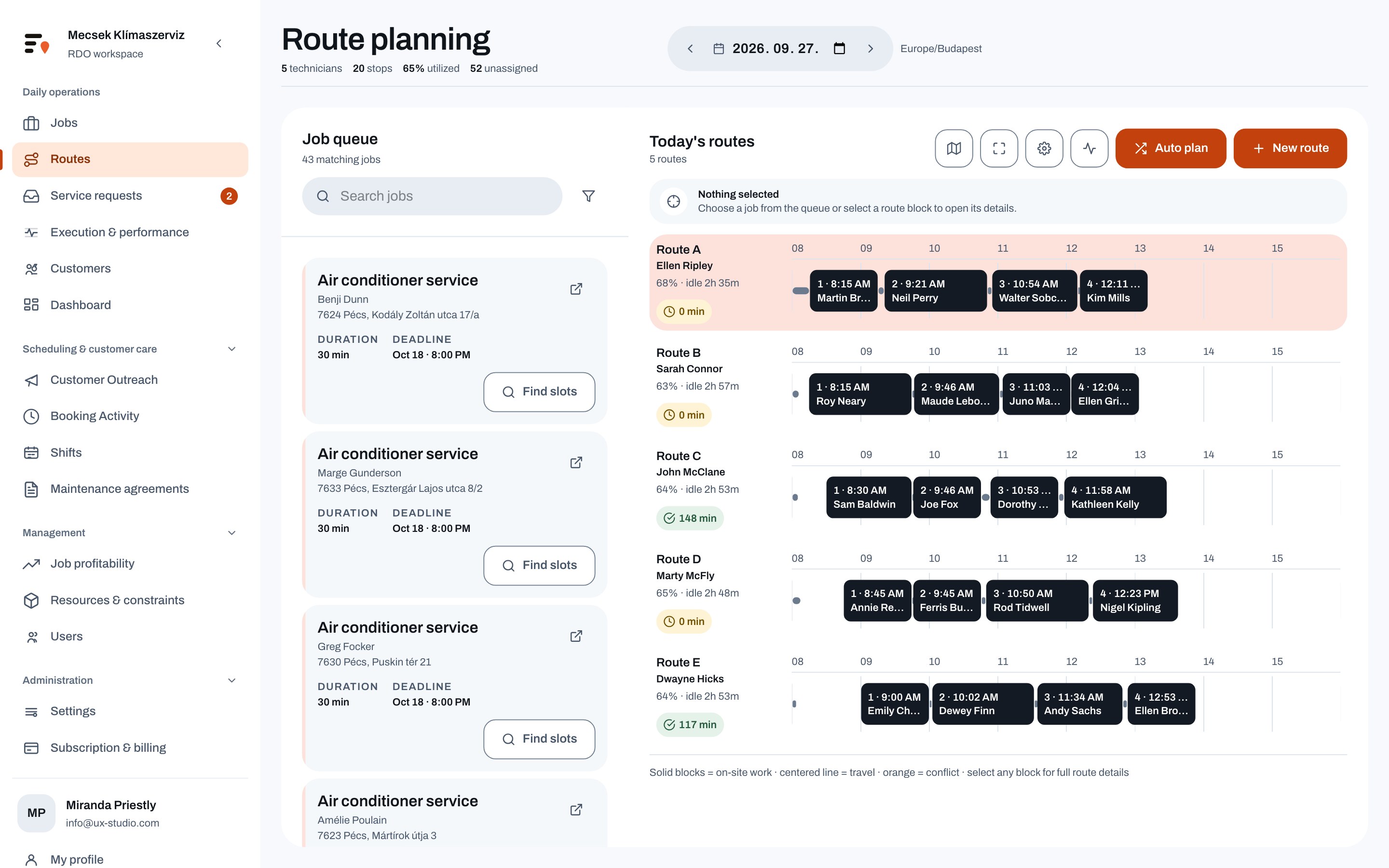 An overview of daily jobs and routes
