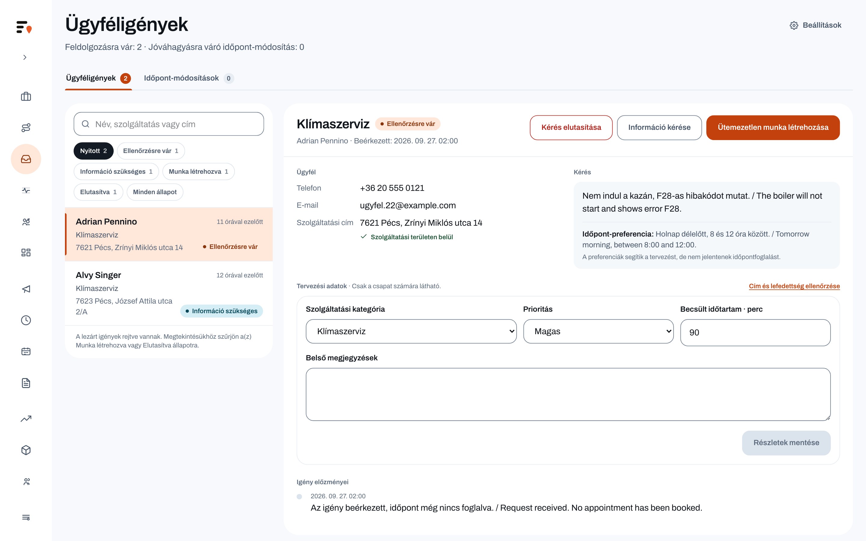 Ügyféladatok és beérkező megkeresések